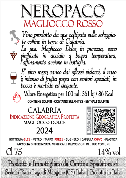 (22,17€/l) Neropaco Magliocco Dolce Terre di Cosenza D.O.P. Donnci (Rot) 2024er 0,75 Liter Fl. 14% Vol. – Bild 2