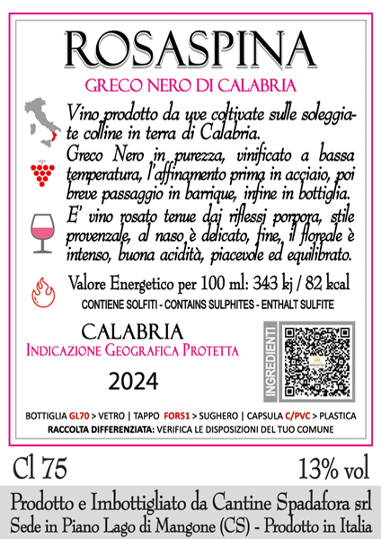 (23,60€/l) ROSASPINA Calabria I.G.P. Greco Nero 2024er 0,75 Liter Fl. 13% Vol. – Bild 2